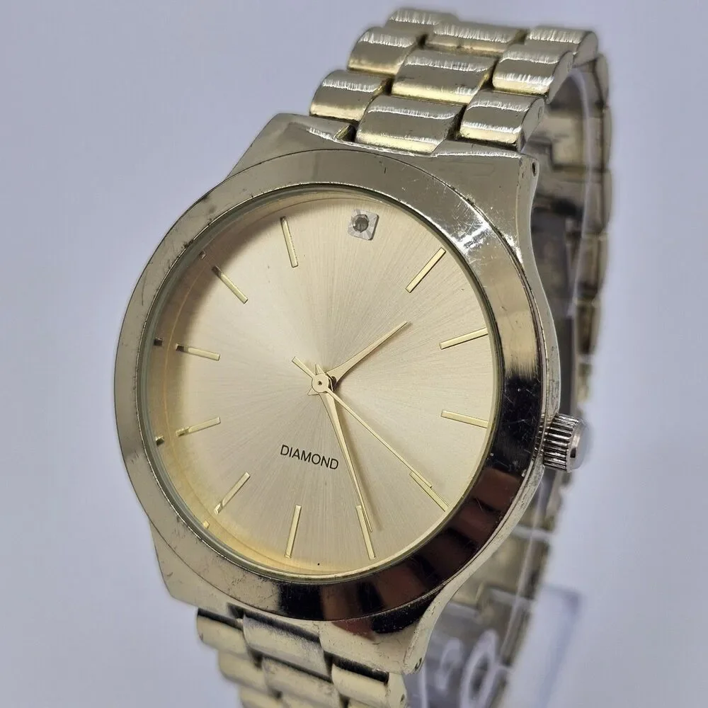 Men's Diamond Watch 44MM Large Case Gold Dial Gold Bracelet Band 7